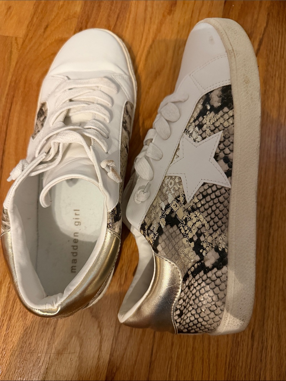 Madden Girl White Sneakers with Gold Heel & Snake-Print Panels